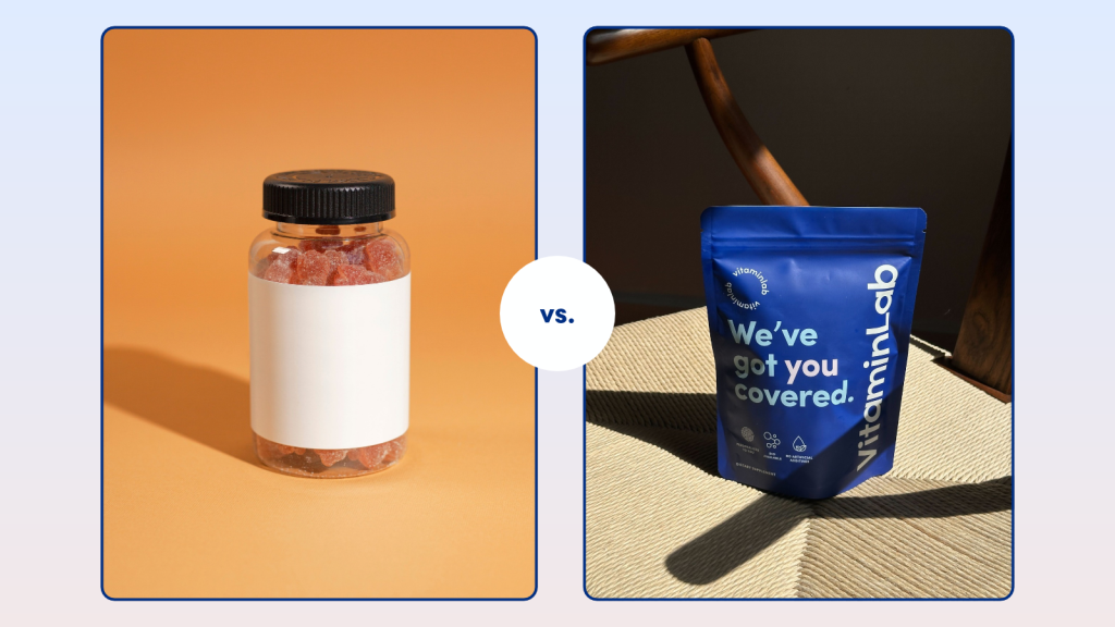 a bottle of supplement gummies vs. a vitaminlab pouch 