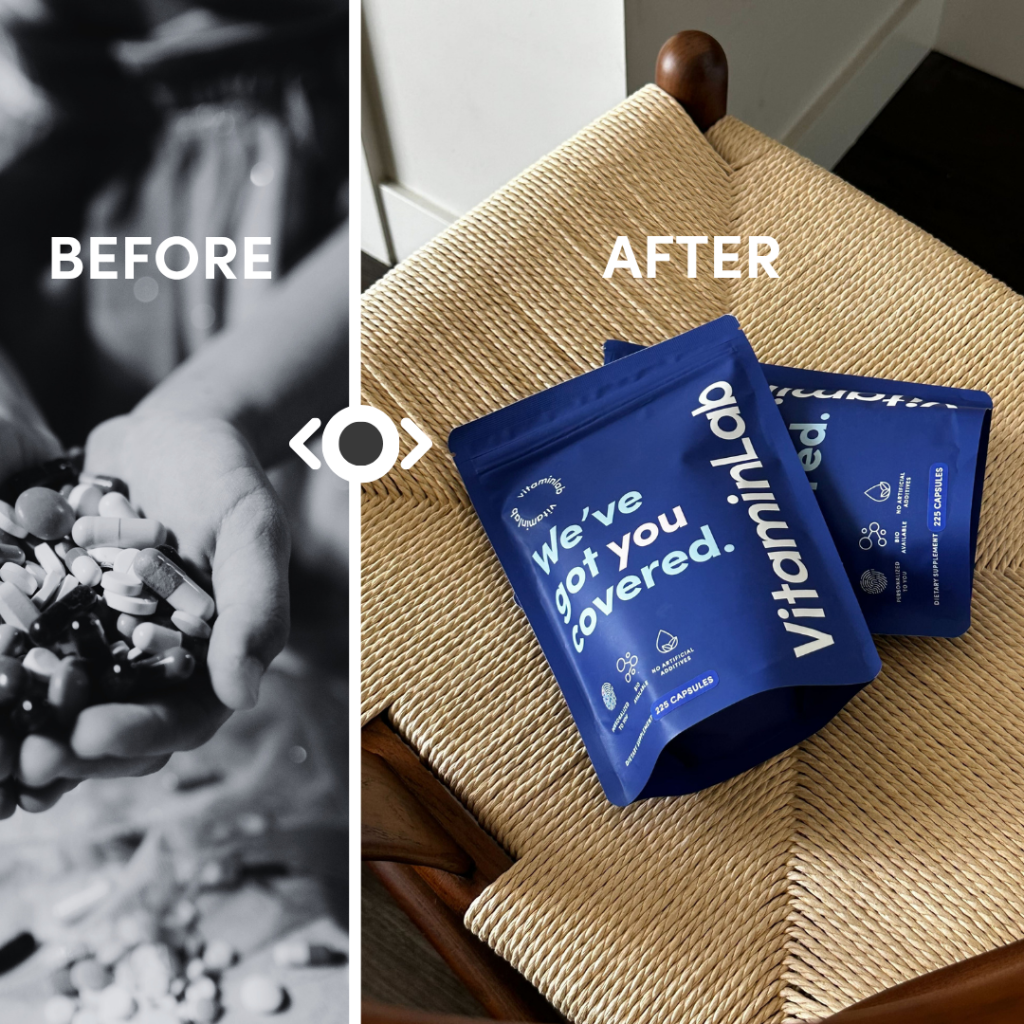 before and after image of mixed supplements vs. a vitaminlab pouch 