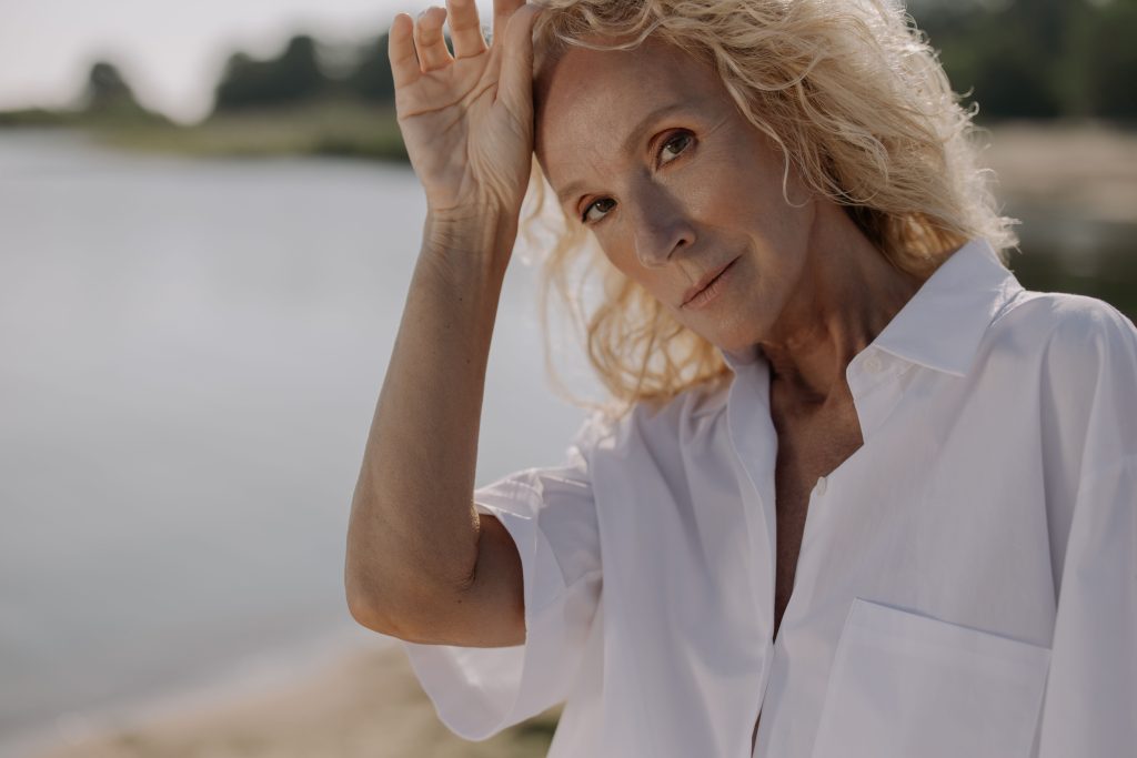 closeup of woman by the water